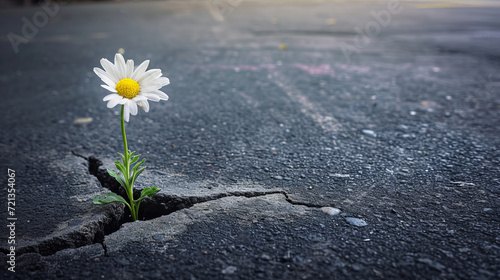 Concept with a daisy flower growing from a crack in the asphalt in the city center. © Oleg Kolbasin