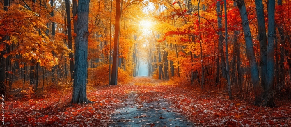 Enchanting woods in autumn, adorned with vibrant trees.