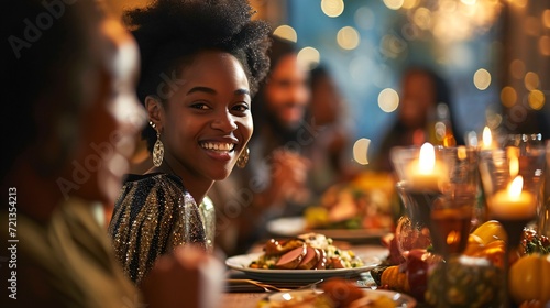 Joyful black girl giggling while delighting in Thanksgiving feast with her relatives in dining area. photo