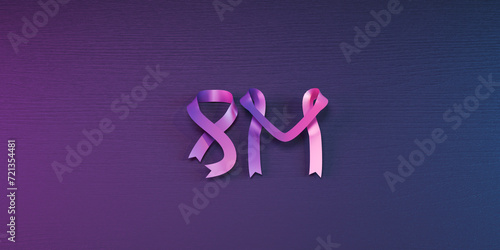 Letters sculpted with ribbons on a vibrant violet wood textured background, celebrate female diversity, 3d illustration