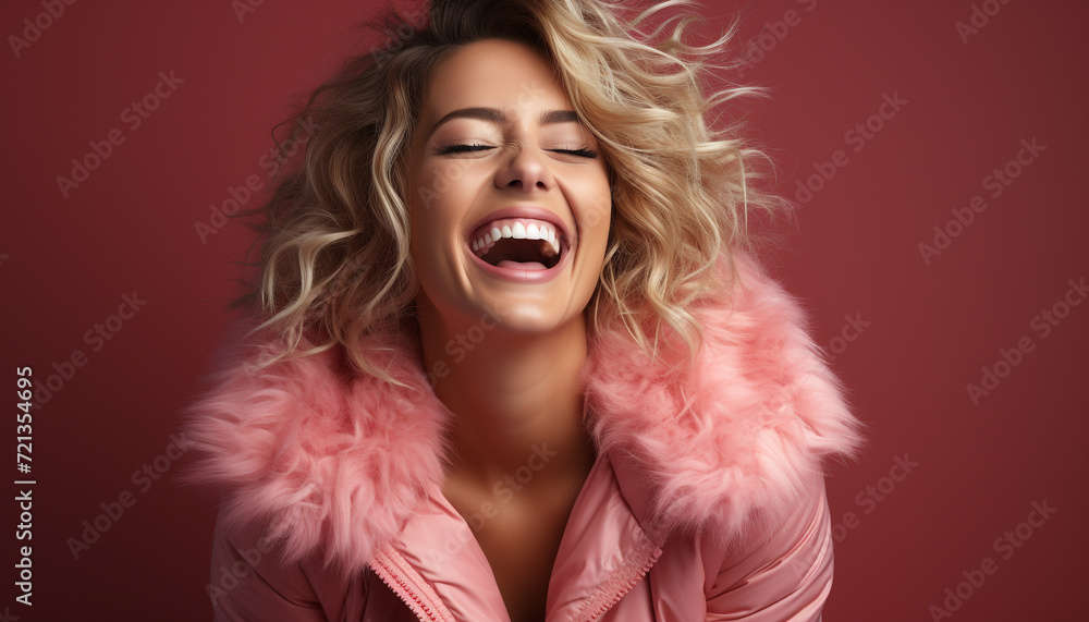 Young woman with blond curly hair smiling, looking at camera generated by AI