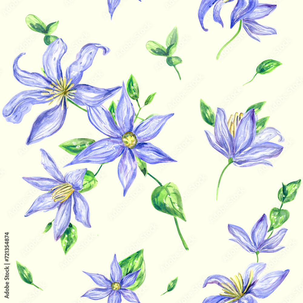Watercolor clematis flowers - realistic vintage bouquets of blue flowers on a light background. Retro style.