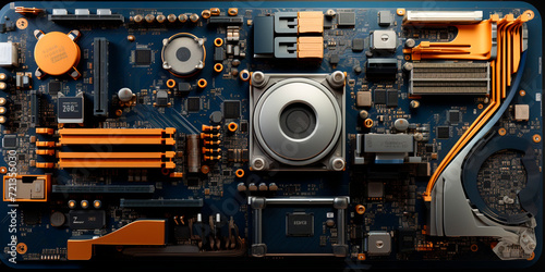 Unique computer board design in dark bronze and indigo style. Innovative layout of various computers and motherboards. A stylish and visually appealing addition to any technical installation.