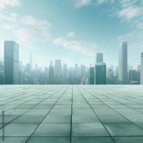 Empty Green square Floor and city skylin   with building backgraund