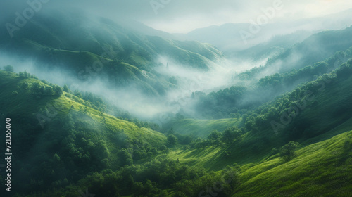 Mist danced over the emerald hills, veiling the landscape in an enchanting cloak of morning dew. 