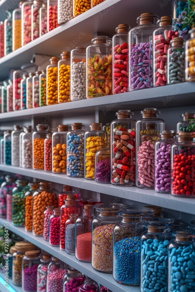 Colorful pills and capsules in glass jars on shelves in a pharmacy