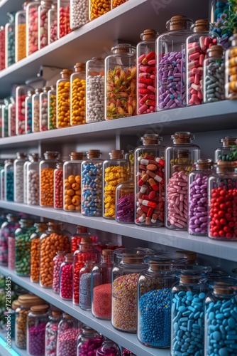 Colorful pills and capsules in glass jars on shelves in a pharmacy