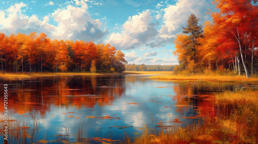 Naklejka premium Oil painting an autumn colorful landscape, beautiful orange red trees in the forest
