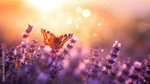 A beautiful red butterfly sits on a beautiful lavender flower in a lavender field © Taisiia