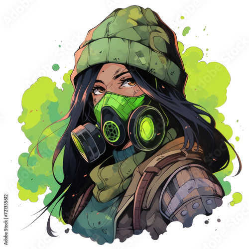 illustration women soldier wearing gas mask