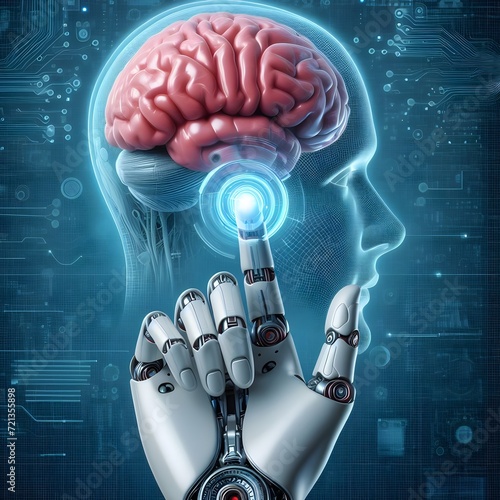 Robot hand touching a human brain, depiction of machine learning deep learning , data science  photo