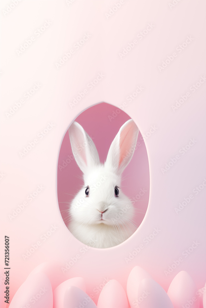 A white rabbit sticks his head and ears out of a hole. Easter cute bunny on a pastel color background. Seasonal spring and easter greeting card and background.