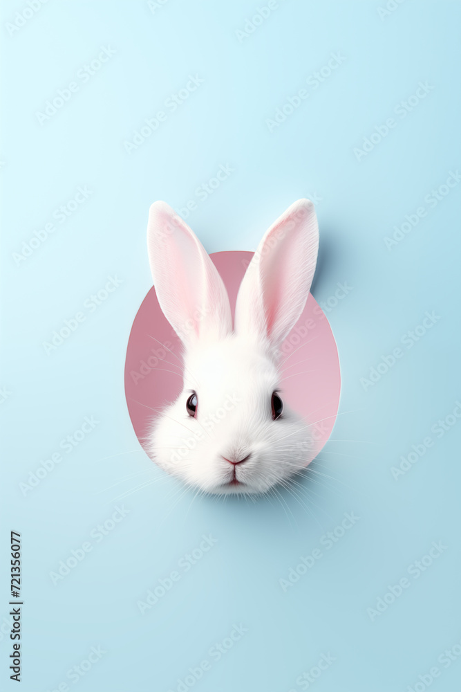 A white rabbit sticks his head and ears out of a hole. Easter cute bunny on a pastel color background. Seasonal spring and easter greeting card and background.
