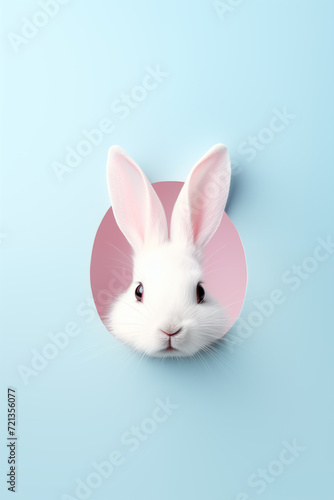 A white rabbit sticks his head and ears out of a hole. Easter cute bunny on a pastel color background. Seasonal spring and easter greeting card and background. © SARATSTOCK