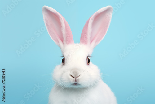 A white rabbit on a pastel blue background. Easter cute bunny. Seasonal spring and easter greeting card and background.