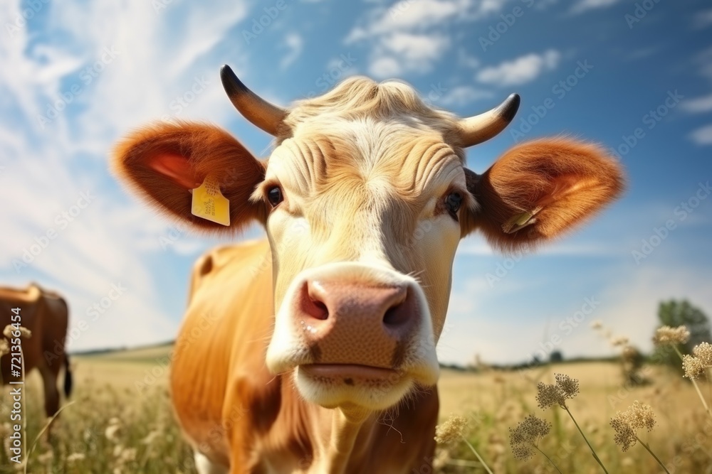 Funny cow muzzle on field background