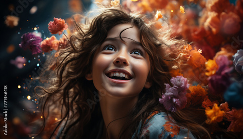 Smiling woman enjoys nature, carefree and cheerful in autumn generated by AI