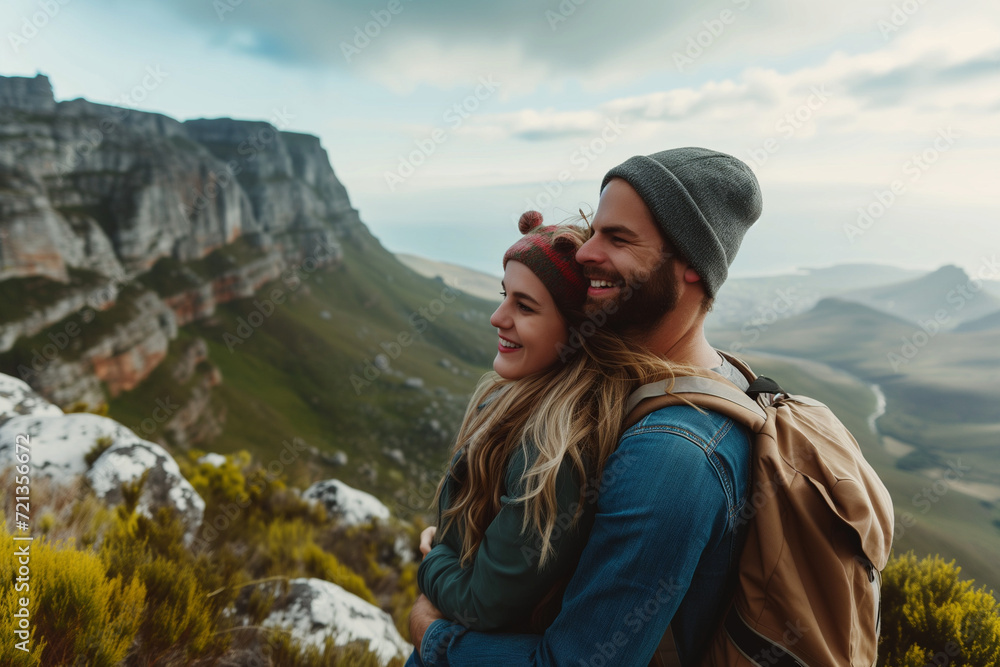A happy couple is enjoying a break on their hike, with the man embracing the woman from behind as they both look out over a scenic mountain vista, encapsulating a moment of adventure and companionship