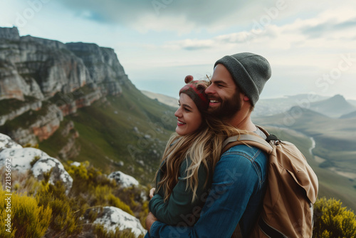A happy couple is enjoying a break on their hike, with the man embracing the woman from behind as they both look out over a scenic mountain vista, encapsulating a moment of adventure and companionship