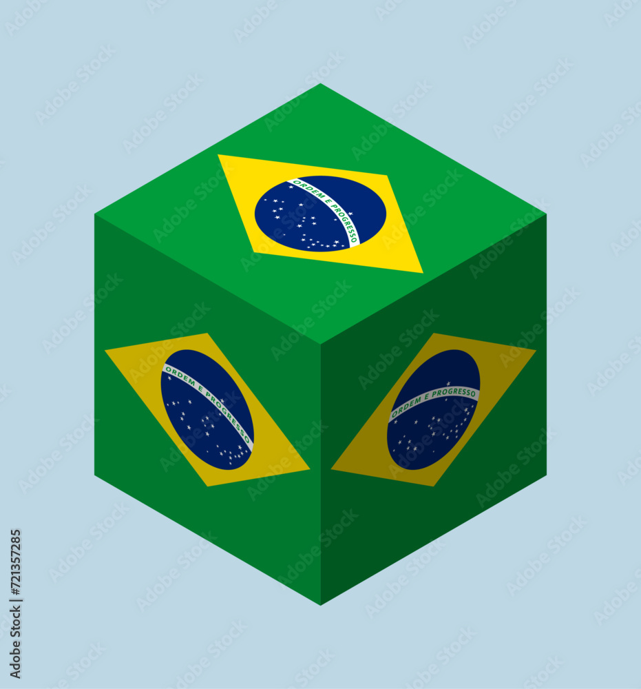 3D isometric cube with flag of Brazil.