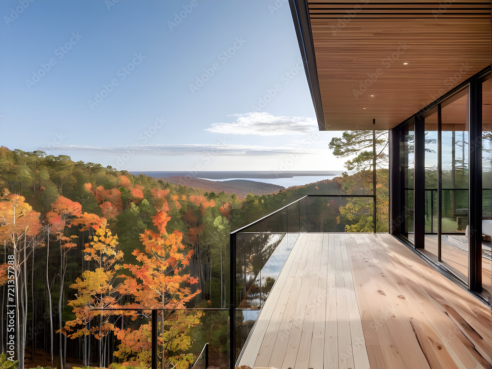 Fototapeta premium Terrace with green forest view. A modern home design of natural beautiful view.