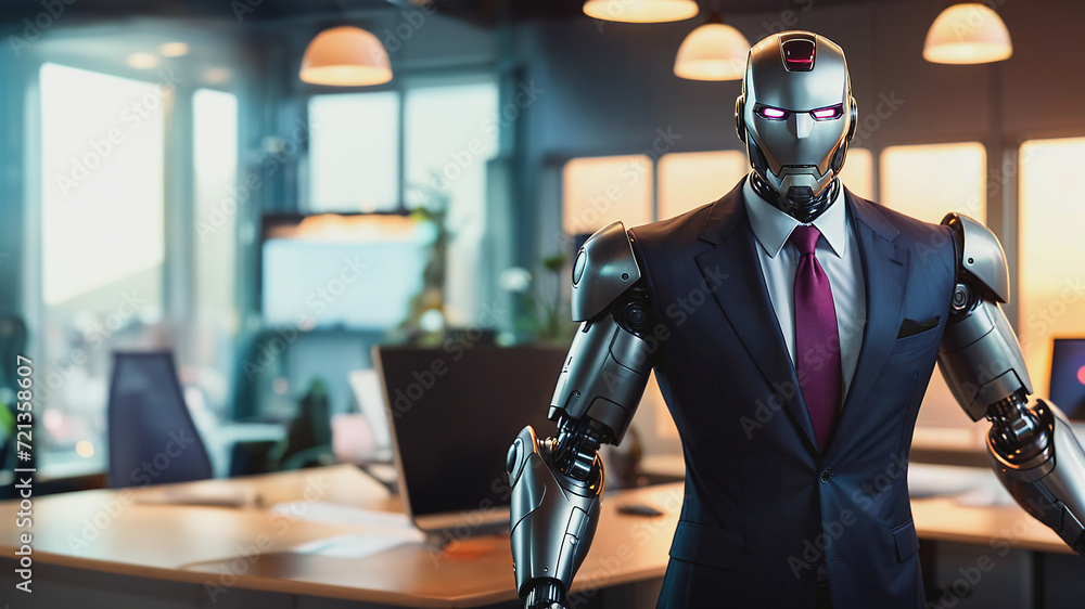 a robot in a suit standing in an office with a computer on the desk like a president of a company a robot in a suit standing in an office with a computer on the desk like a president of a company