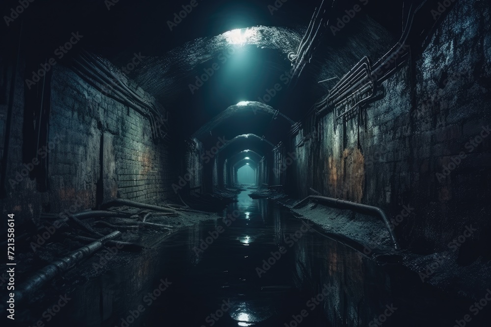 A person stands in a dark tunnel, hopeful and patient, anticipating the beckoning light at the end., Old urban underground tunnel, abandoned dark scary passage like sewer, AI Generated A person stands in a dark tunnel, hopeful and patient, anticipating the beckoning light at the end., Old urban underground tunnel, abandoned dark scary passage like sewer, AI Generated