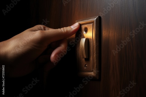 A persons hand pushing a button on a wooden door, ready to open it., Old hand turning off light switch, AI Generated