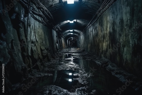 A Dark Tunnel With a Light at the End, A Symbolic Representation of Hope and Transformation, Old urban underground tunnel, abandoned dark scary passage like sewer, AI Generated