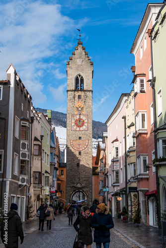 Vipiteno (Bolzano), Italy, 01.01.2024: view of the city center with the bell tower in the background. © Giongi63