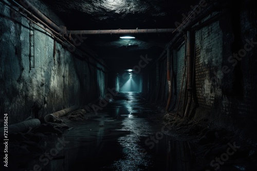 Dark Tunnel With Light at End, Mesmerizing Pathway of Hope and Possibilities, Old urban underground tunnel, abandoned dark scary passage like sewer, AI Generated