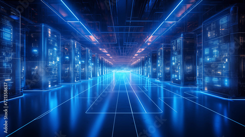 Futuristic data center with glowing servers and interconnected cables