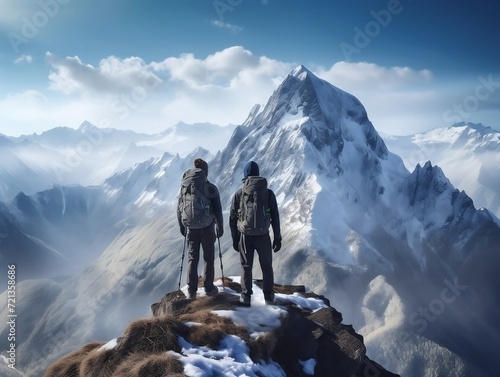 Two hiker on top of a mountain with snow surrounding