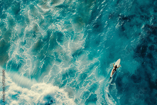 Aerial View of Lone Surfer in Vast Ocean