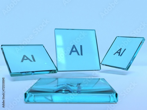 Illustration of four transparent 3d ai processors in blue
