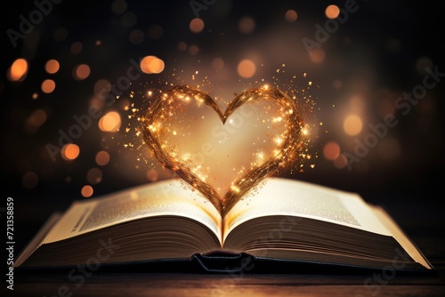 An open book with a heart-shaped topper, representing the amalgamation of love and wisdom., Open book with heart shaped magical pages, AI Generated