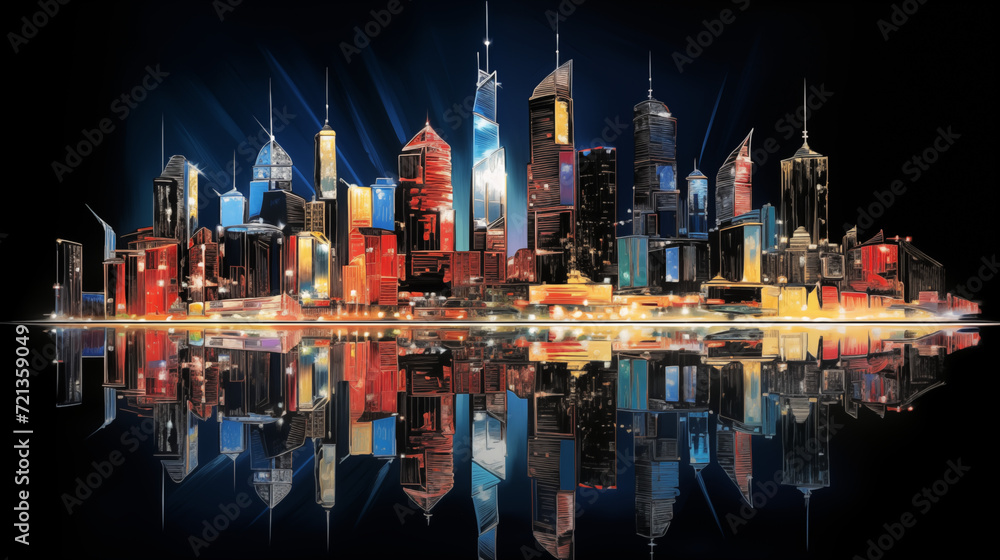 Neon-lit city skyline reflected in a polished and reflective surface