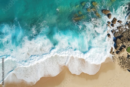 Aerial View of a Beach and Ocean - Tranquil Coastal Scenery With Sparkling Waters and Sunlit Sand, Overhead photo of crashing waves on the shoreline, Tropical beach surf, AI Generated