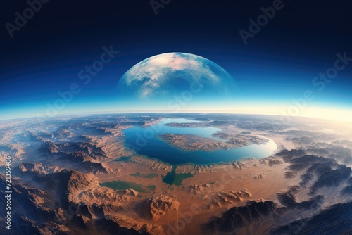 Witness the stunning beauty of a planet featuring an awe-inspiring lake at its center.  Panoramic view on planet Earth globe from space  AI Generated