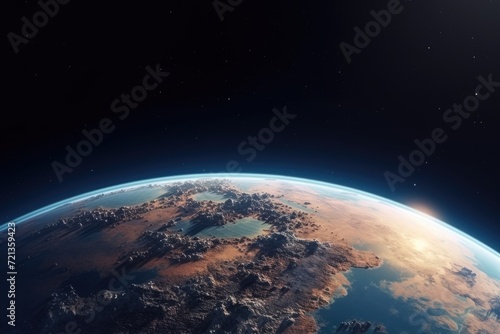 A stunning image capturing Earth from space  highlighting its beauty and fragility as seen from afar.  Panoramic view on planet Earth globe from space  AI Generated