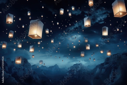 A mesmerizing sight of numerous paper lanterns illuminating the night sky., paper lanterns floating in a night sky, AI Generated © Iftikhar alam