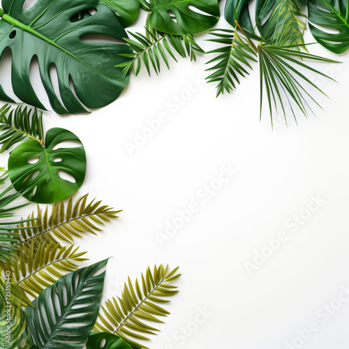 green leaves isolated, tropical palm, monstera leaves, branches pattern frame on a white background. space for text. Top view, flat lay.