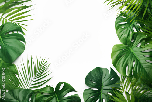 green leaves isolated  tropical palm  monstera leaves  branches pattern frame on a white background. space for text. Top view  flat lay.