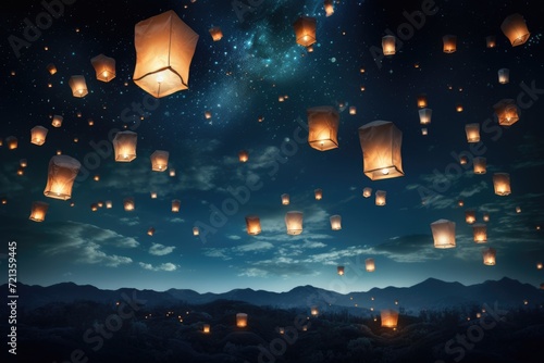 Witness the mesmerizing sight of a sky adorned with countless lanterns, gently soaring and carrying the hopes and dreams of all who set them free., paper lanterns floating in a night sky, AI Generated