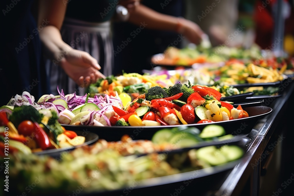 A row of plates filled with different types of food, offering a variety ...