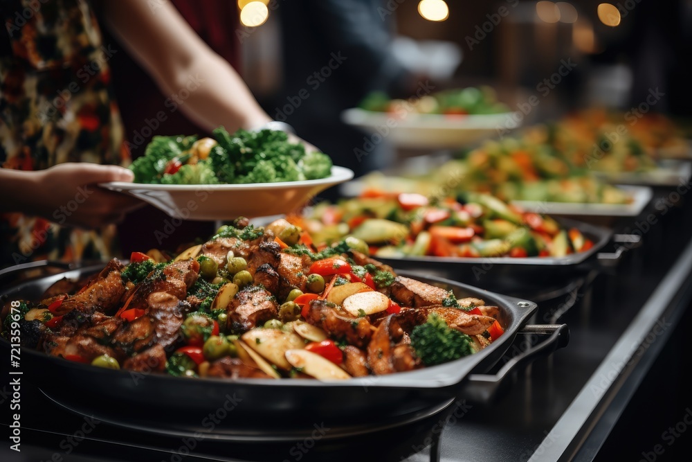 Witness a bustling buffet line as plates of delectable food are served, offering an array of flavors to satisfy every palate., People group catering buffet food indoor in restaurant, AI Generated