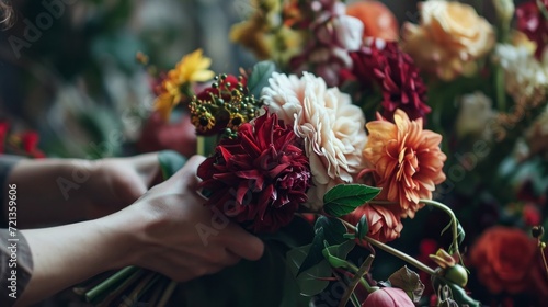 Close-Up of Hands Holding a Colorful Bouquet of Fresh Blooming Flowers Including Roses, Dahlias, and Others in Soft Natural Light