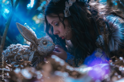 An ethereal maiden and her enchanted companion in a mystical moonlit forest