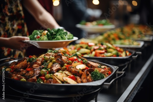 Witness a bustling buffet line as plates of delectable food are served, offering an array of flavors to satisfy every palate., People group catering buffet food indoor in restaurant, AI Generated