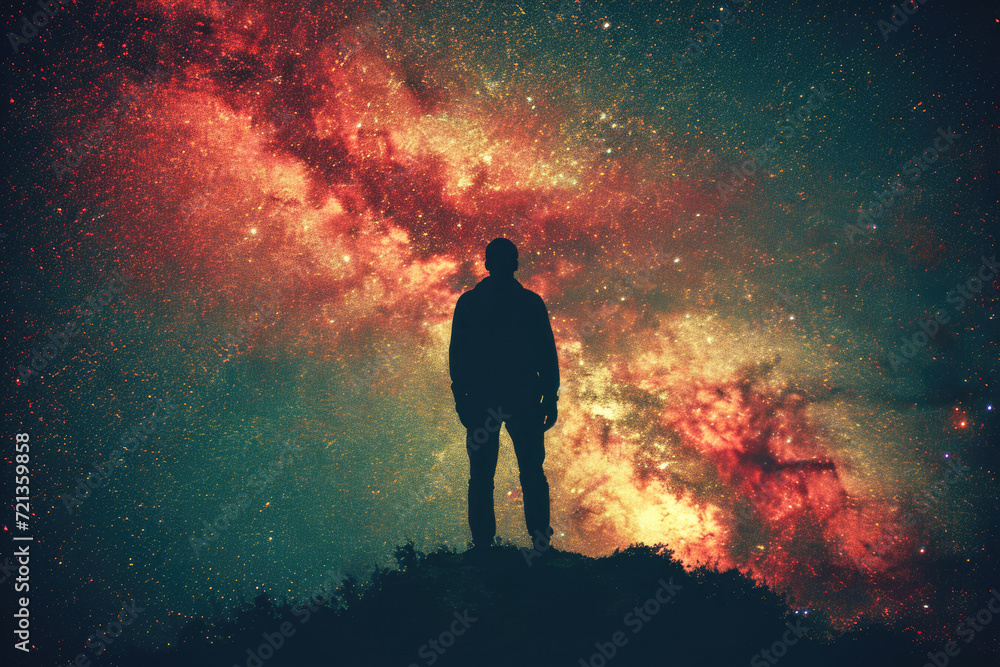 Man standing on a hill and looking at the milky way.